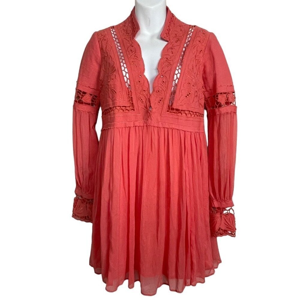 Free People Coral Eyelet Crochet Mini Dress Long Sleeves Size 4